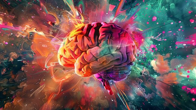 A graphic depiction of a brain with an explosion of geometric patterns and vibrant colors