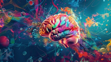 Obraz premium A graphic design featuring a brain with tendrils of energy radiating outwards