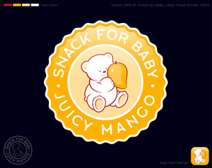 Baby food label. Food sticker, round label with wavy edges. Identity, used color. White teddy bear with tropical mango.