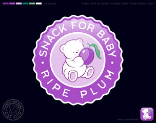 Naklejka premium Baby food label. Food sticker, round label with wavy edges. Identity, used color. White teddy bear with a plum.
