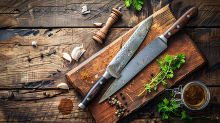 "A sharpening steel and a kitchen knife placed on a wooden cutting board."

