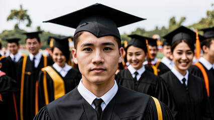 many graduates in graduation gowns and caps standing together