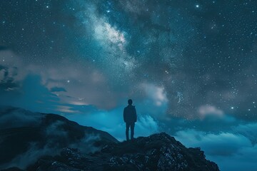 Fototapeta premium A man stands on a mountain top, looking up at the stars. The sky is dark and cloudy, with a few stars visible. Scene is peaceful and contemplative, as the man takes in the beauty of the night sky