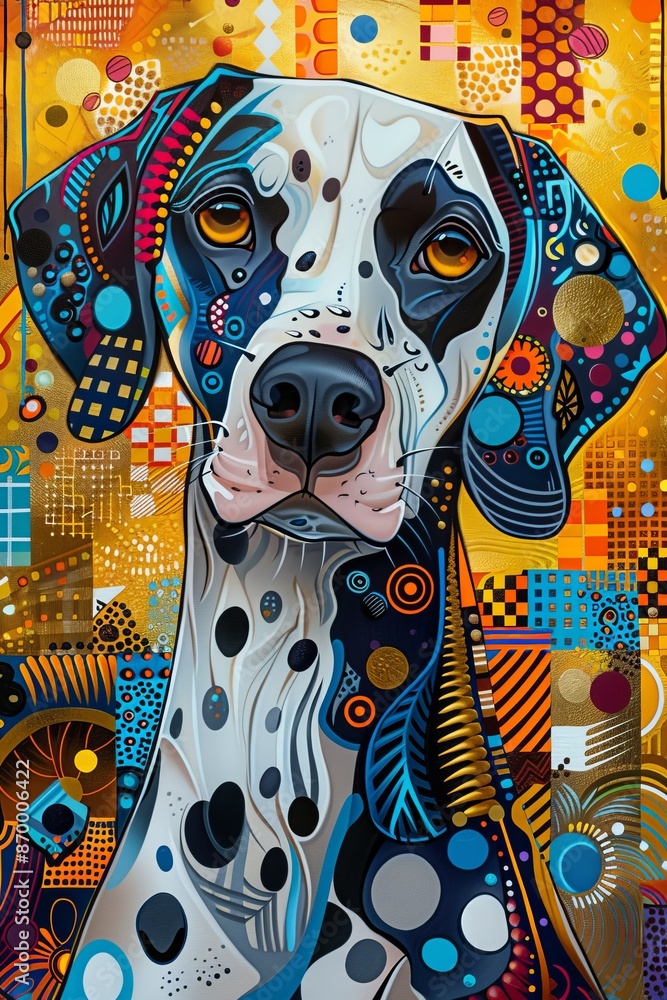 Poster vibrant abstract artwork of a dalmatian dog with intricate geometric patterns and vivid colors, perf