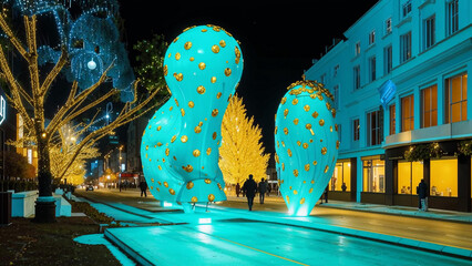 two large blue sculptures on the side of the road