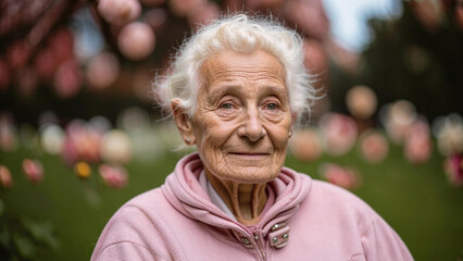 an older woman in a pink jacket standing in a field of flowers
