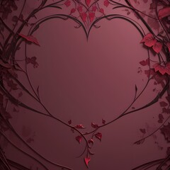 A sophisticated illustration featuring an elegant heart-shaped frame formed by intertwining dark red vines and leaves against a rich, muted red background