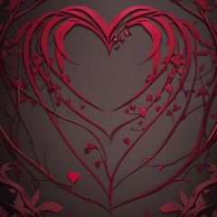 A sophisticated illustration featuring an elegant heart-shaped frame formed by intertwining dark red vines and leaves against a rich, muted red background