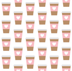 Vector seamless pattern of flat take away coffee cup isolated on white background