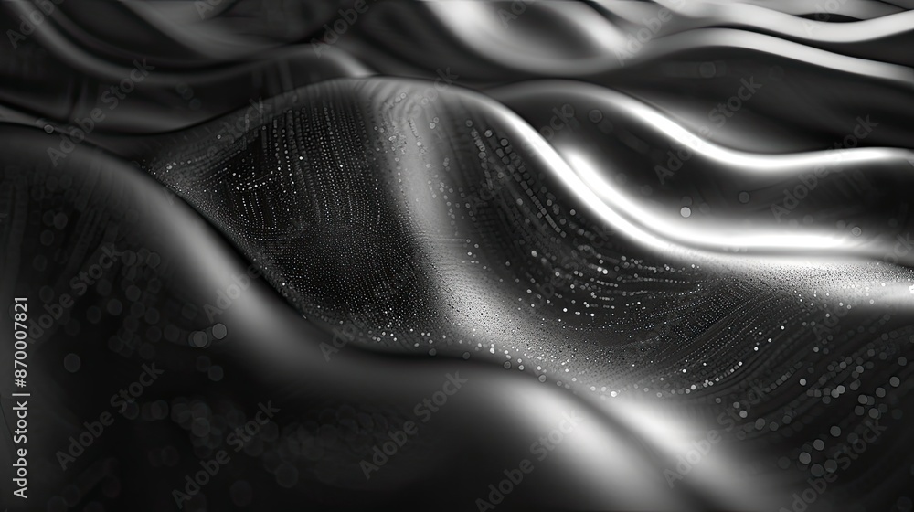 Poster a black and silver wave with a lot of dots. the image is a computer generated one. scene is mysterio