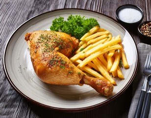 Pollo cocido crocante con papas fritas y verdes