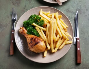 Pollo acompañado de papas fritas