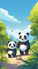 Two cute pandas walking on the earth, the background is the sky