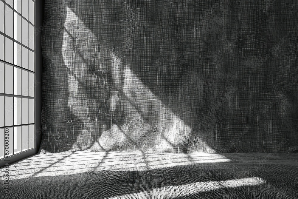 Poster a room with a window and a wall with a shadow on it. the room is empty and the window is letting in 
