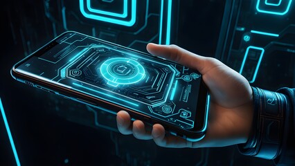 A hand holding a cell phone with a blue screen