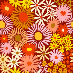 Colorful cute floral seamless pattern. Vector meadow background with various groovy flowers. Summer abstract wallpaper. Red, yellow, golden, orange, pink colour palette.