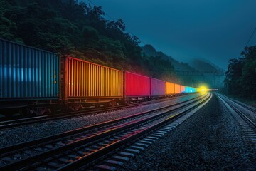 Fototapeta premium A train with colorful cars is traveling down a track. The colors of the cars are bright and vibrant, creating a sense of energy and excitement. The train is moving quickly