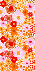 Colorful cute floral seamless pattern. Vector meadow background with various groovy flowers. Summer abstract wallpaper. Red, yellow, golden, orange, pink colour palette.
