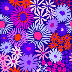 Colorful cute floral seamless pattern. Vector meadow background with various groovy flowers. Summer abstract wallpaper. Purple, pink, red, blue, lilac, magenta palette.