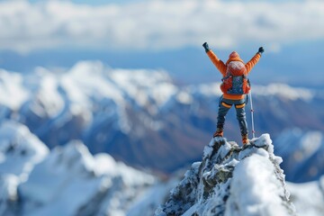 A man in an orange jacket is standing on a snow covered mountain peak. He is holding his arms up in the air, as if celebrating his accomplishment. Concept of triumph and achievement