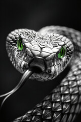 Close-up of a snake with green eyes on a black background
