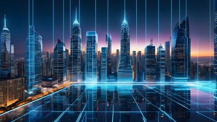 A city skyline is shown in a blue and white color scheme