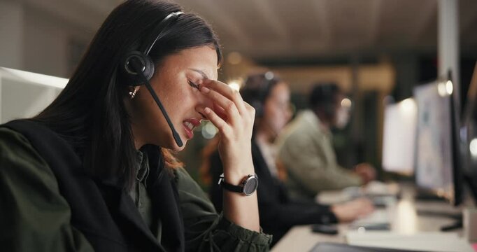 Headset, stress and woman with headache in call center for customer service problem and eye fatigue with brain fog. Telemarketing fail, agent girl and migraine for 404 glitch and client support error