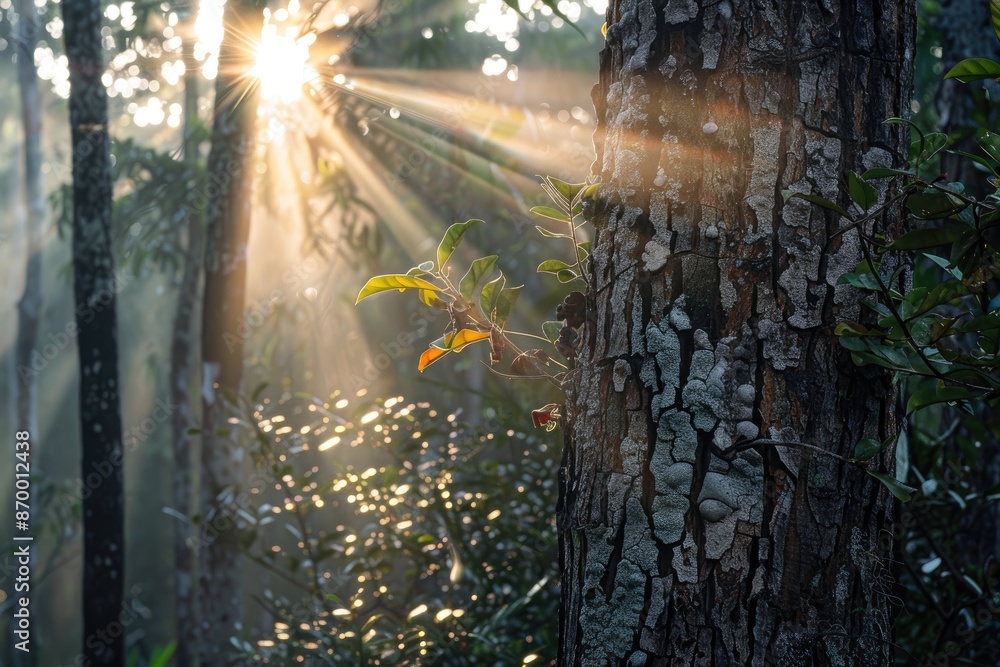 Poster a tree with a leaf growing out of it in the sunlight. the sunlight is shining through the leaves and