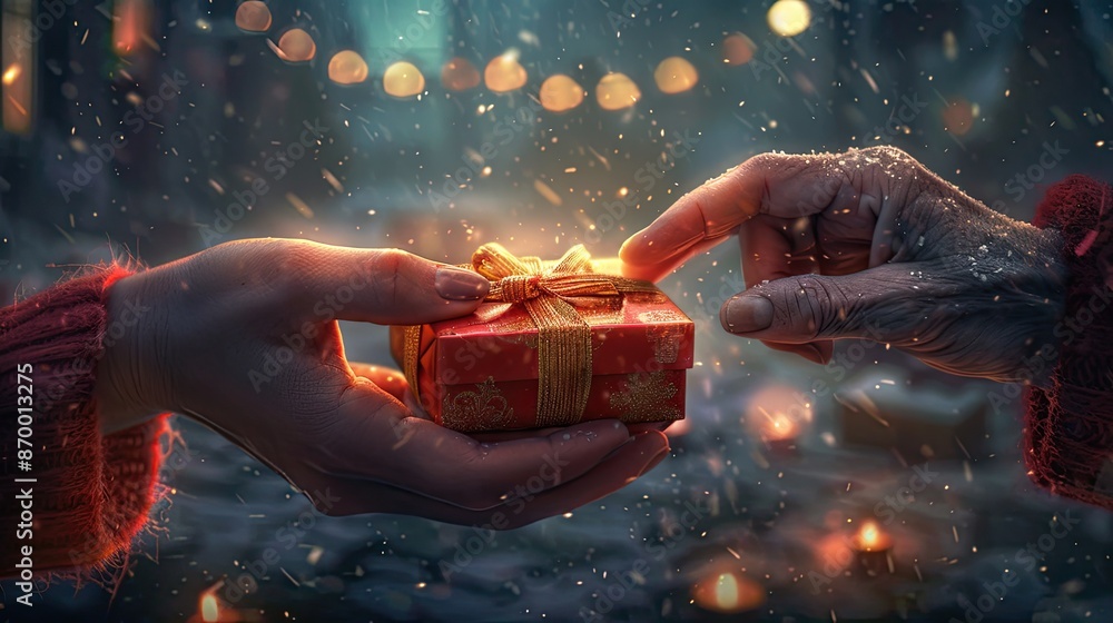 Poster a person is holding a red box with a bow on it. the person is reaching out to give the box to someon