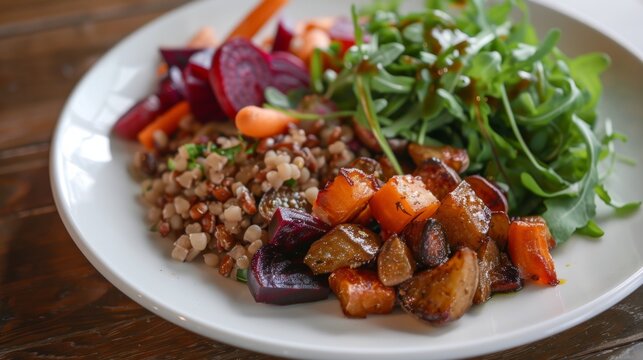 A plate of roasted buckwheat and honey glazed root vegetables including carrots pars and beets served with a side of steamed greens.