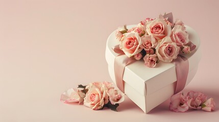 Elegant heart-shaped gift box with flowers, suitable for Valentine's, Christmas, birthdays, Mother's Day, and more. Features empty text space. Simple, minimal design for any occasion.