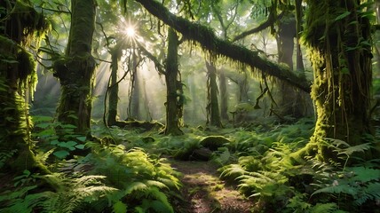 An ancient, enchanted forest with towering, centuries-old trees covered in moss and vines. Rays of sunlight break through the dense canopy, illuminating a carpet of ferns and wildflowers