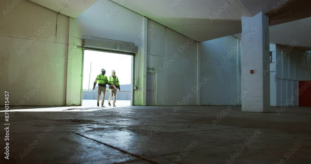 Poster man, architect and walking with team for inspection on construction, planning or building at site. p