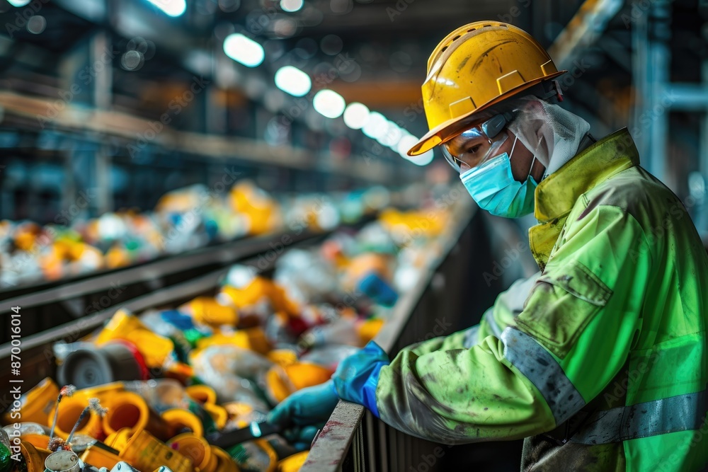 Poster a worker wearing a yellow helmet and a green jacket is sorting through a pile of trash. the worker i