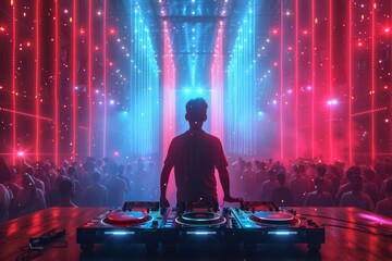 DJ performing on stage with neon lights and vibrant colors capturing the essence of a live music experience