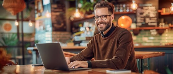 Obraz premium Man working on laptop, freelancer with computer in cafe at table, man in glasses smiling looking in camera