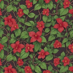 A vibrant illustration featuring a dense pattern of red hibiscus flowers intertwined with lush green leaves against a dark background.