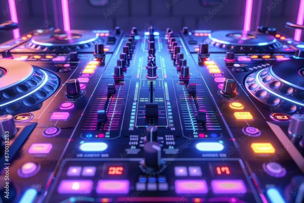Aufkleber dj setup with vibrant neon lights and high tech controls creating an immersive music experience