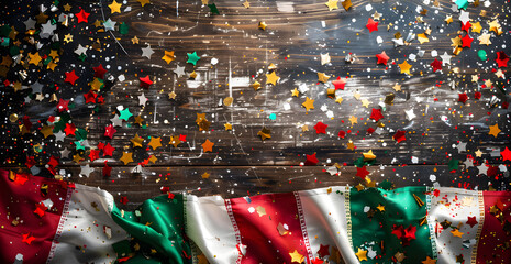 A festive scene with a lot of stars and a red, white, and green flag