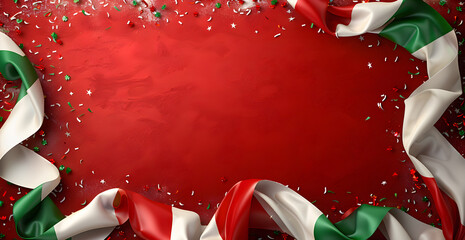 A red and white flag with green trim is surrounded by a red background