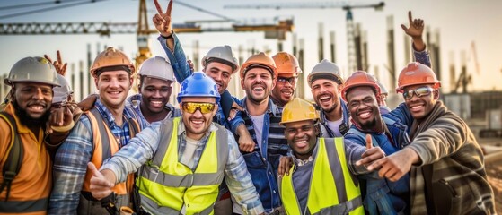 Fototapeta premium Group of male construction workers show unity at the construction site