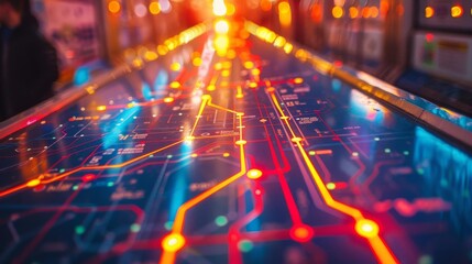 A public transit system map highlighting electric bus routes. Horizontal shot, bright daylight with high saturation, space on the left for  text