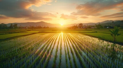 Fototapeta premium A serene rice paddy field with farmers planting seedlings. Wide-angle shot, soft evening light with warm hues, space on the right for text