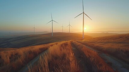 Obraz premium A serene wind farm on a hill with turbines spinning. Wide-angle shot, soft evening light with a warm, inviting tone, space on the right for text