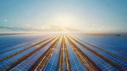 Fototapeta premium A solar farm with rows of solar panels under a blue sky. Wide-angle shot, mid-morning light with a futuristic, clean look, space on the right for text