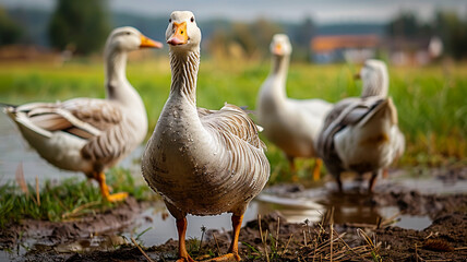 Obraz premium Ducks and geese waddle on green meadow , AI Generative.