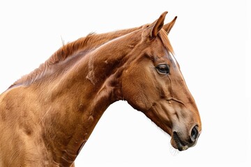 Obraz premium Horse with brown coat, standing in full length, isolated on a white background, minimalistic composition
