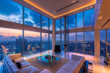 Luxury penthouse with panoramic city views and modern decor, evening concept