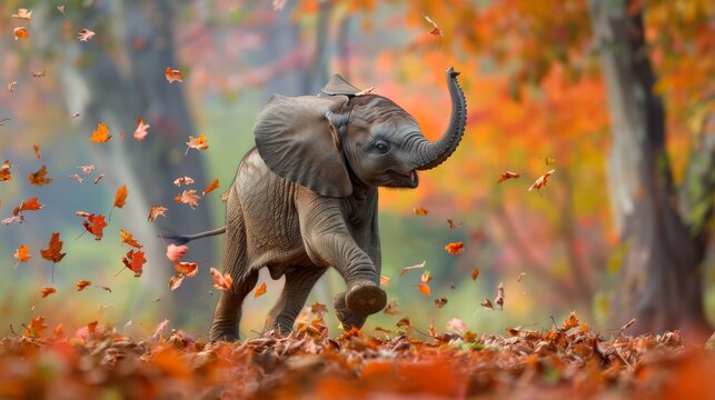 A playful baby elephant calf, trunk lifted in joy, leaping into a mound of autumn leaves surrounded by colorful trees