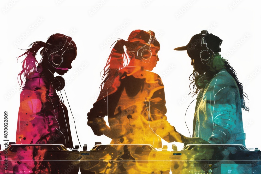 Poster two djs collaborating in a vibrant and artistic environment with colorful lights